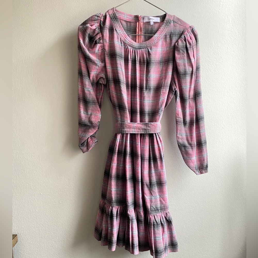 Pink, Plaid, Long Sleeve Dress